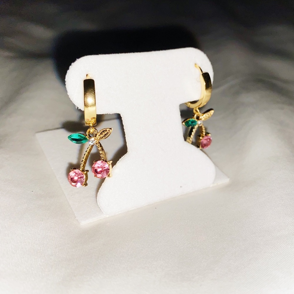 18K Gold Plated Huggie Hoops with Cherry Charms